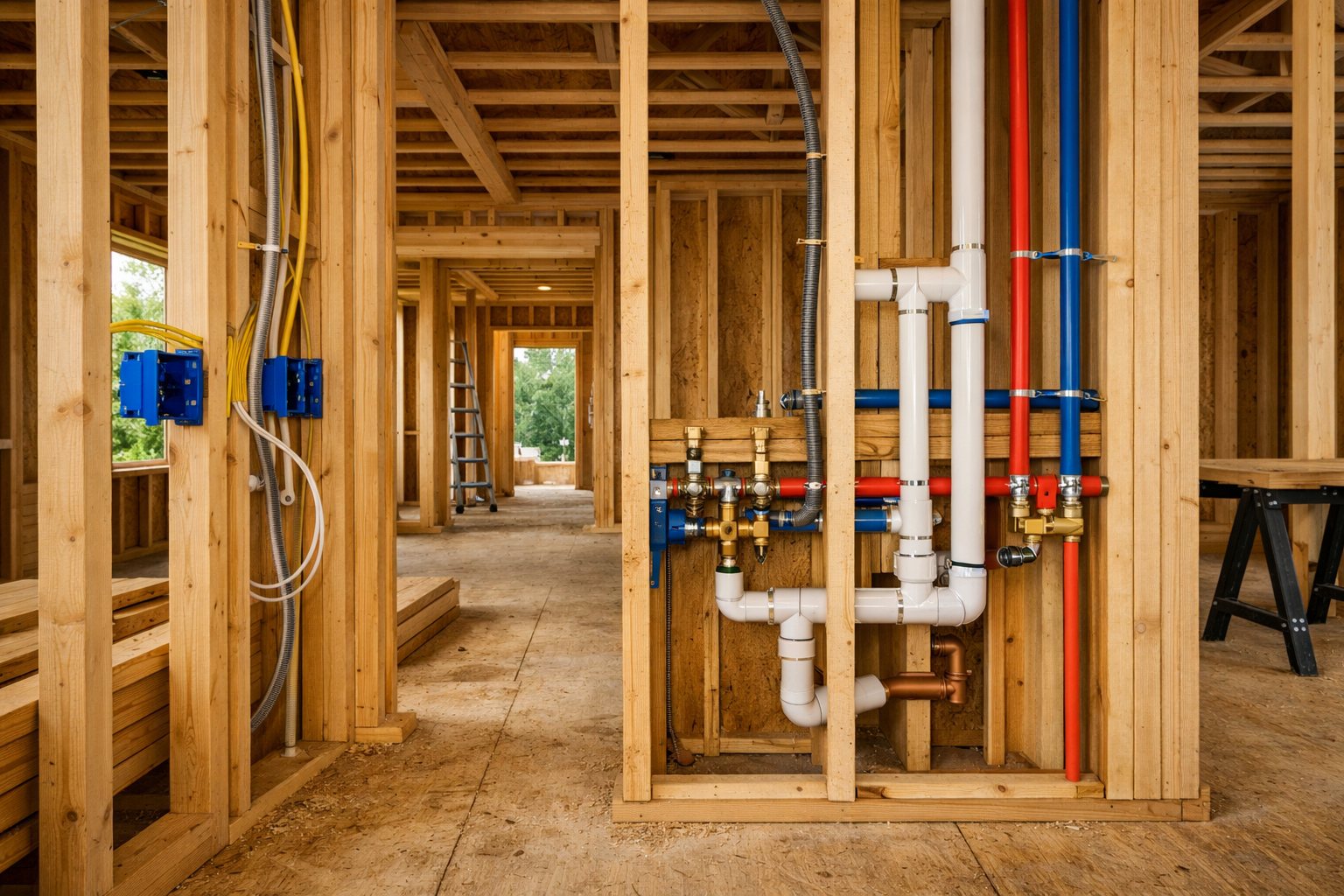 Construction framing with PEX plumbing pipes and electrical rough-in — K & T Contracting LLC Missouri